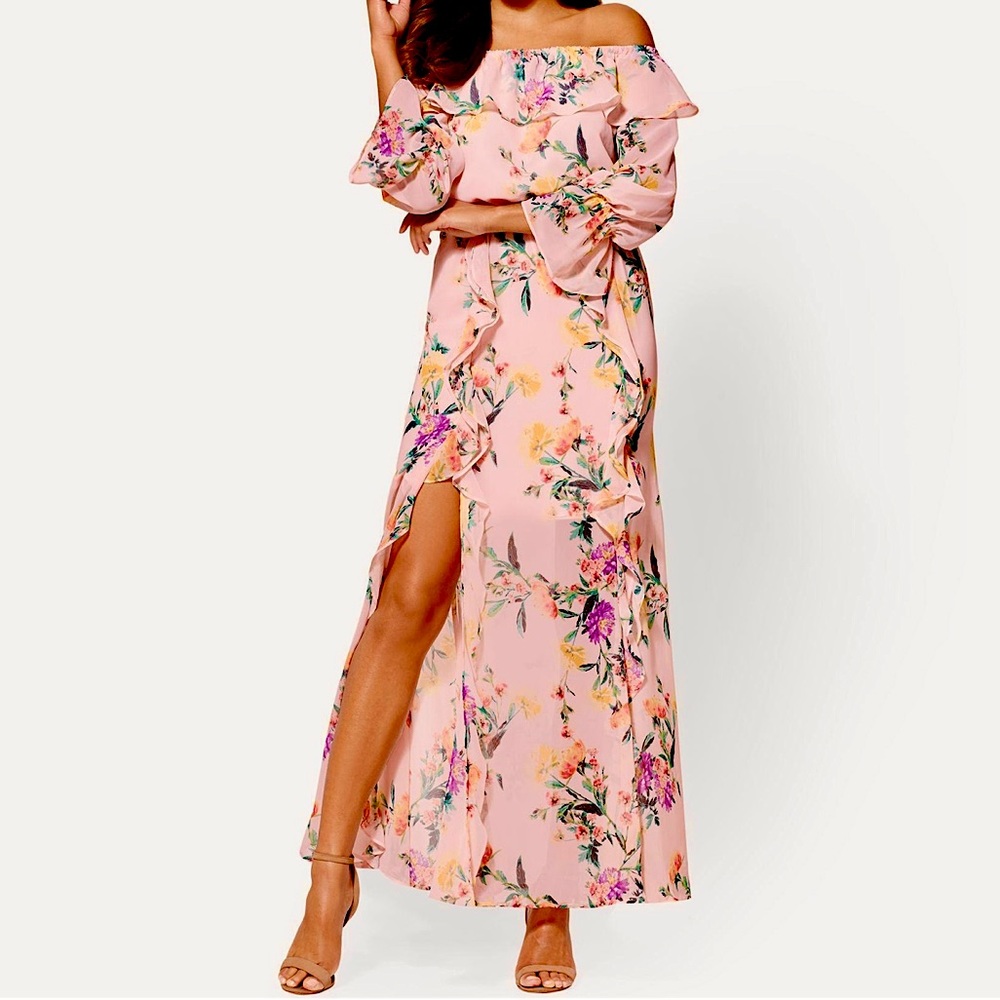 Floral Off-The-Shoulder Maxi Dress w/ Slits